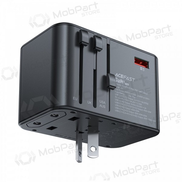 Universaalne kelioninis laadija Acefast Z1 75W GaN 2xUSB-A/3xUSB-C mustad