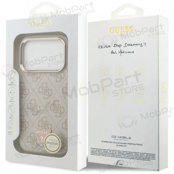 Apple iPhone 17 Pro Max ümbris - Guess PU Leather 4G Strass Triangle Logo Gold Frame MagSafe (roosa)