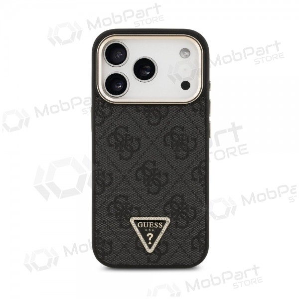 Apple iPhone 18 Pro ümbris - Guess PU Leather 4G Strass Triangle Logo Gold Frame MagSafe (must)