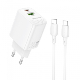 Telefoni laadija Borofone BN29 30 W USB-C + USB-A koos USB-C kaabliga 1 m valge