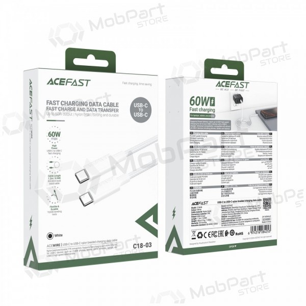 USB kaabel Acefast C18-03 60W USB-C to USB-C 1.2m valged