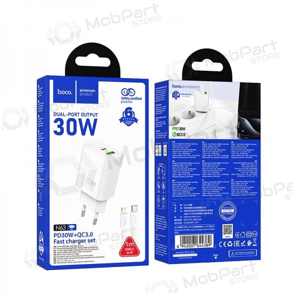 Telefonilaadija Hoco N63 30 W GaN USB-C + USB-A koos Lightning kaabliga 1 m valge