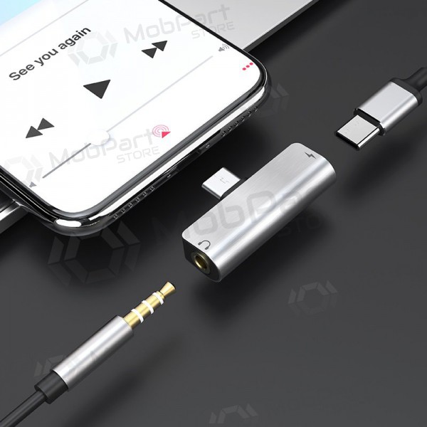Adapter Hoco LS26 iš Type-C į Type-C + 3,5mm (hõbedane) Adapter Hoco LS26 iš Type-C į Type-C + 3,5mm (hõbedane)