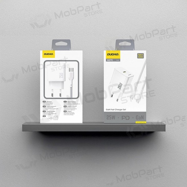 Laadija Dudao A27C GaN 25W USB-C + USB-C to USB-C kaabel 1.0m valge