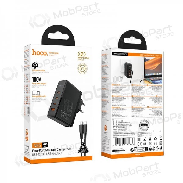 Võrgulaadija Hoco N85 100 W 3x USB-C + USB-A koos USB-C kaabliga 2 m must