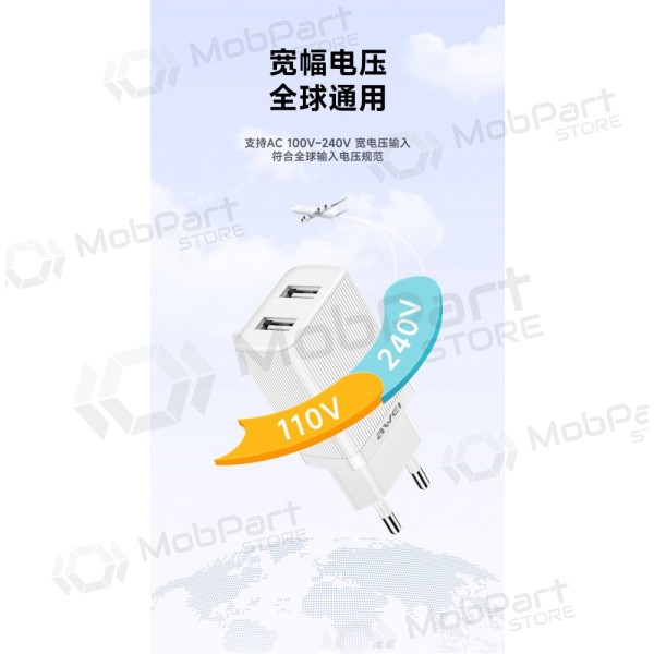 Laadija Awei C15T-EU 2xUSB-A 10W + USB to USB-C cable valged