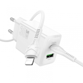 Telefoni laadija Hoco N71 30 W GaN USB-C + USB-A koos Lightning kaabliga 1 m valge