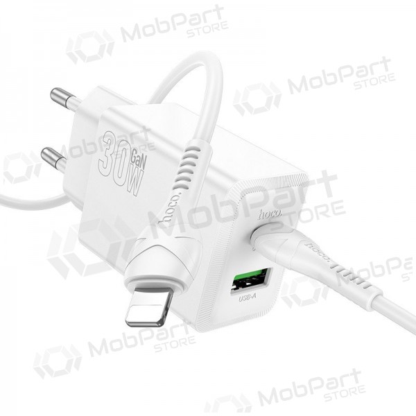 Telefoni laadija Hoco N71 30 W GaN USB-C + USB-A koos Lightning kaabliga 1 m valge