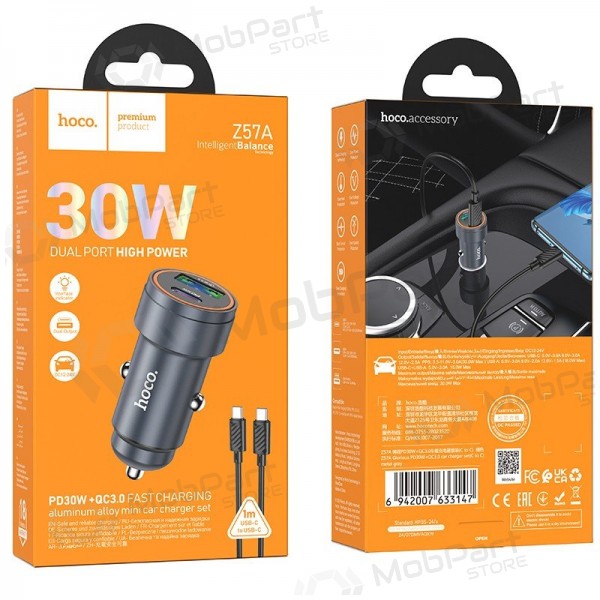 Hoco Z57A 30 W USB-C + USB-A autolaadija koos USB-C kaabliga 1 m