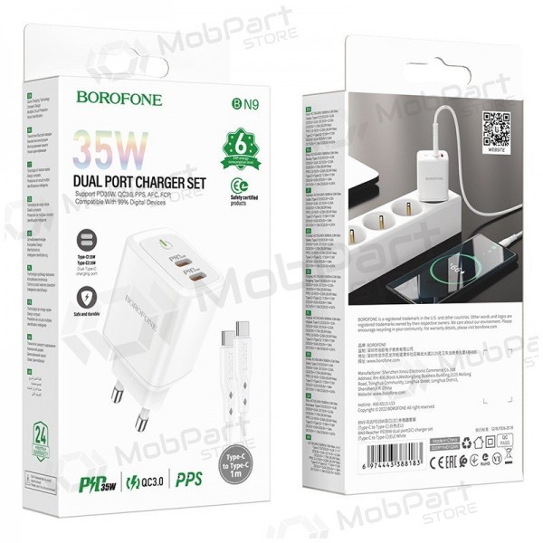 Laadija buitinis Borofone BN9 2xType-C 35W + Type-C valged