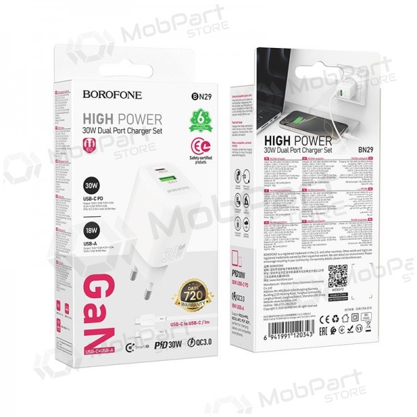 Telefoni laadija Borofone BN29 30 W USB-C + USB-A koos USB-C kaabliga 1 m valge