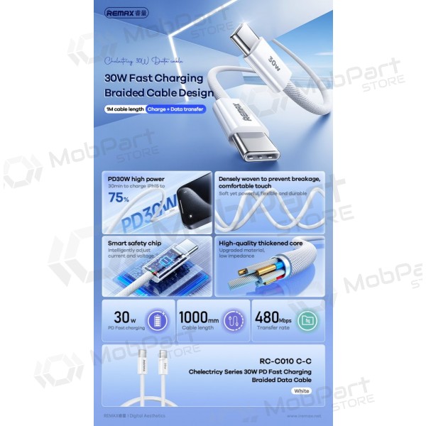 USB kaabel Remax RC-C010 USB-C to USB-C 30W 1.0m valged