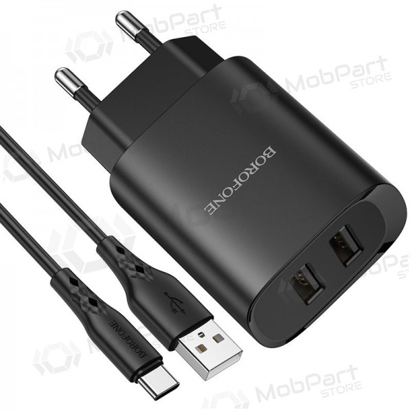 Laadija Borofone BN2 2xUSB 2.1A + USB Type-C (mustad)