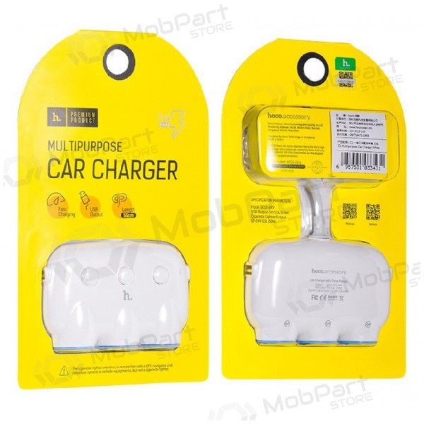 Autolaadija HOCO C1 TRIPLE + USB (5V 3.1A) (valged)