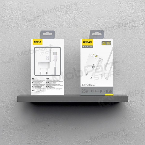 Telefoni laadija Dudao A26TC 25 W GaN USB-C + USB-A koos USB-C kaabliga 1 m valge