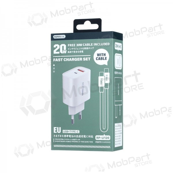 Telefoni laadija Remax RP-U120 20 W USB-C + USB-A koos USB-C kaabliga 1 m valge