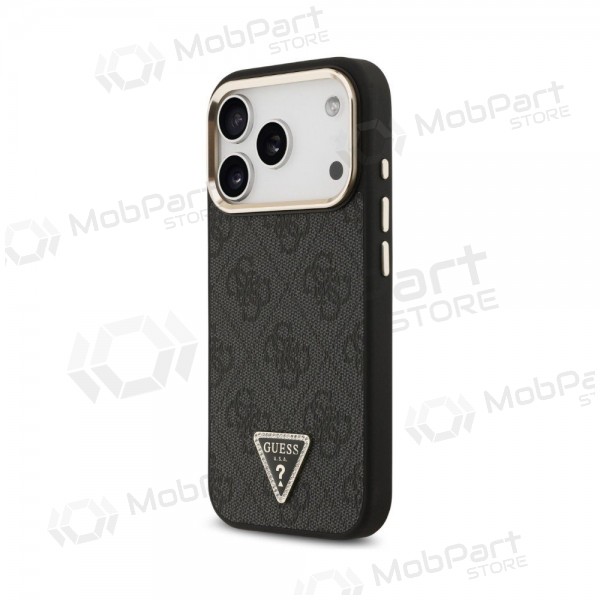 Apple iPhone 18 Pro ümbris - Guess PU Leather 4G Strass Triangle Logo Gold Frame MagSafe (must)