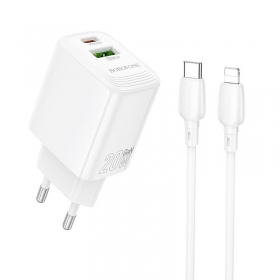 Telefoni laadija Borofone BN27 20 W USB-C + USB-A koos Lightning kaabliga 1 m valge