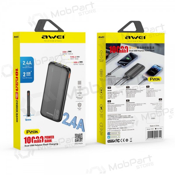 Väline patarei / aku Power Bank Awei P20K 5V/2.4A 10000mAh must