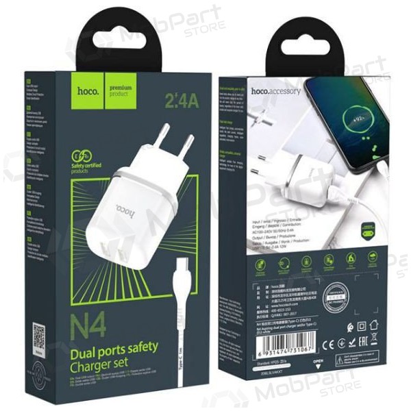 Laadija HOCO N4 Aspiring Dual USB + type-C kaabel (5V 2.4A) (valged)