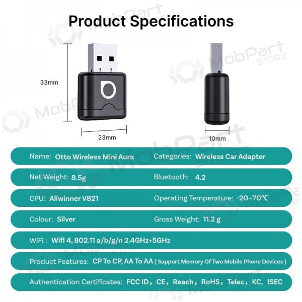 Juodas juhtmevaba CarPlay / Android Auto adapter Ottocast Mini Aura CA530-T