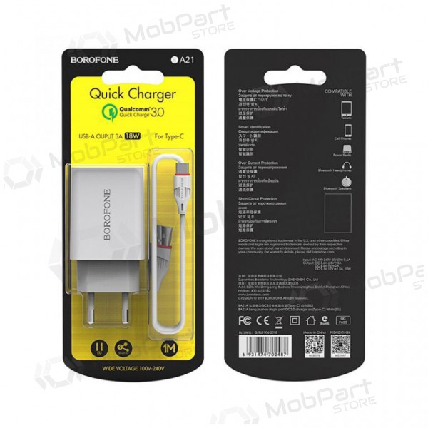 Laadija BOROFONE BA21A Long journey QC3.0 USB + Type-C kaabel 18W (3.6V-6.5V/3A, 6.6V-9V/2A, 9.1V-12V/1.5A) (valged)