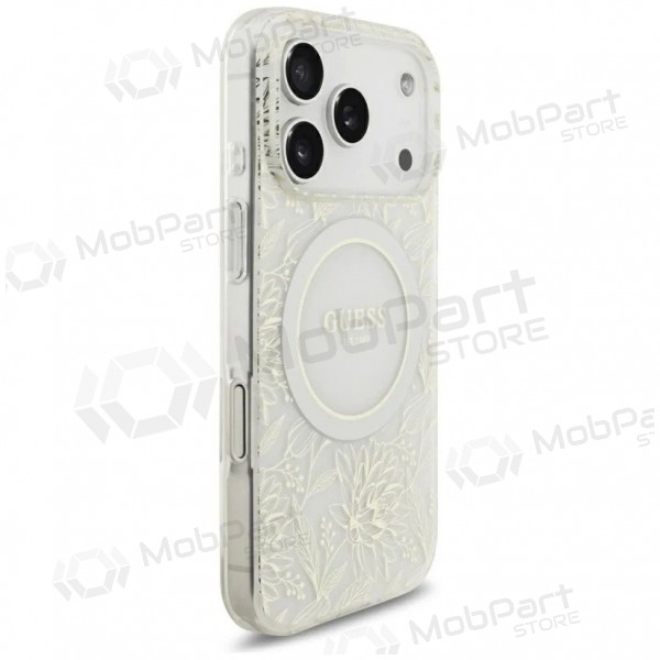 Apple iPhone 18 Pro ümbris - Guess IML Flowers Allover Strap MagSafe (valge)