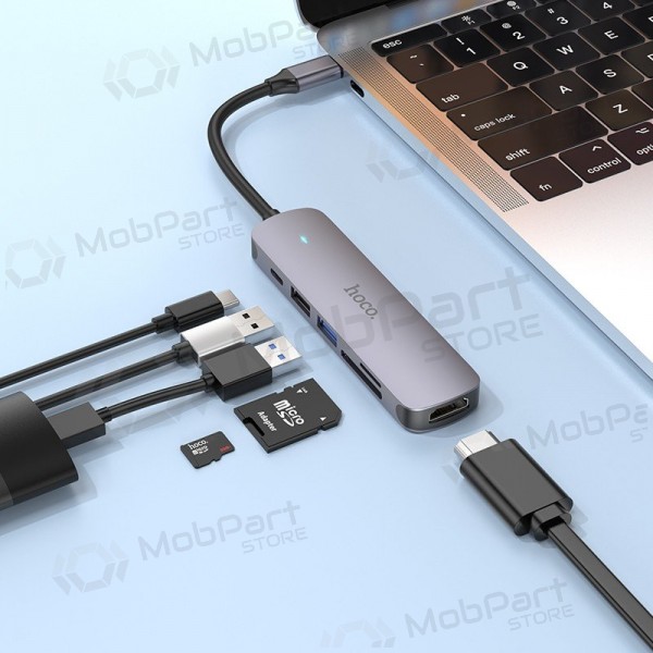USB-C adapter Hoco HB28 USB-C kuni HDMI + USB 3.0 + USB 2.0 + SD + TF + PD hall