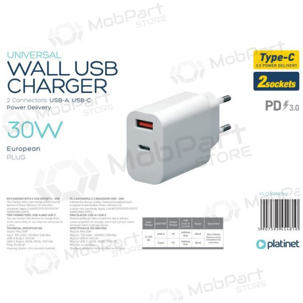 Platinet QuickCharge Type-C+USB 2.4A (30W) laadija