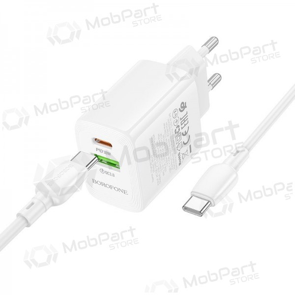 Telefoni laadija Borofone BN29 30 W USB-C + USB-A koos USB-C kaabliga 1 m valge