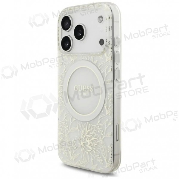 Apple iPhone 18 Pro ümbris - Guess IML Flowers Allover Strap MagSafe (valge)