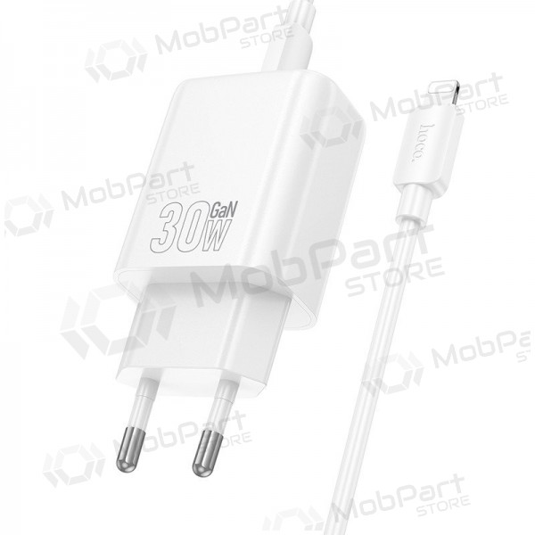 Telefonilaadija Hoco N63 30 W GaN USB-C + USB-A koos Lightning kaabliga 1 m valge