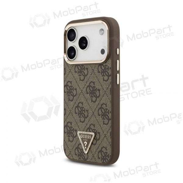 Apple iPhone 18 Pro ümbris - Guess PU Leather 4G Strass Triangle Logo Gold Frame MagSafe (pruun)