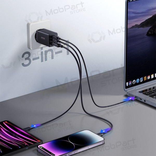 Laadija buitinis Joyroom GaN JR-TCG01 2xUSB-C/USB-A 65W + USB-C cable 1.2m mustad
