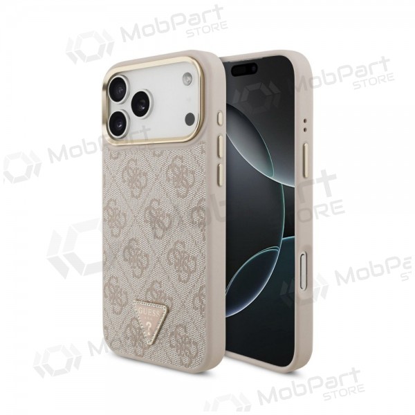 Apple iPhone 18 Pro ümbris - Guess PU Leather 4G Strass Triangle Logo Gold Frame MagSafe (roosa)