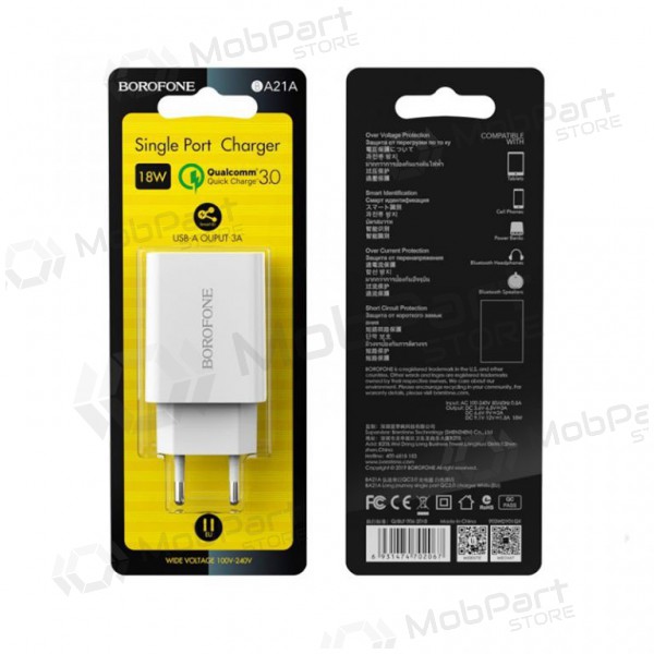 Laadija BOROFONE BA21A Long journey QC3.0 USB 18W (3.6V-6.5V/3A, 6.6V-9V/2A, 9.1V-12V/1.5A) (valged)