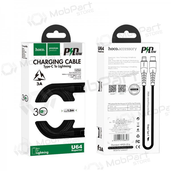 USB kaabel Hoco U64 PD Type-C - Lightning (mustad)
