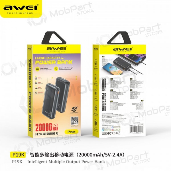 Väline patarei / aku Power Bank Awei P19K 5V/2.4A 20000mAh must
