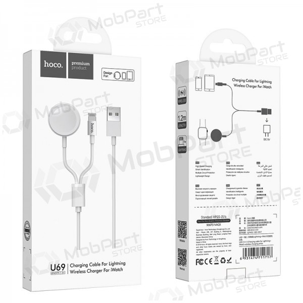 USB kaabel HOCO U69 lightning 1.0m (with iWatch wireless charger) (valged)