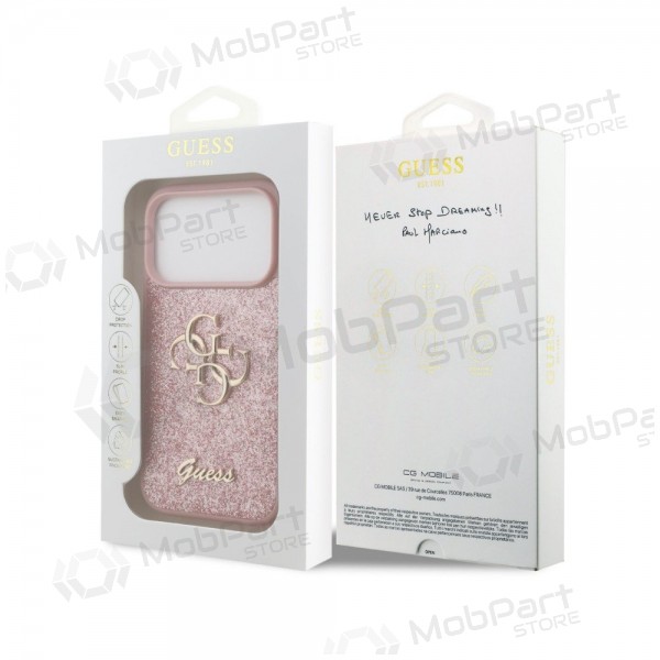 Apple iPhone 18 Pro ümbris - Guess PU Fixed Glitter 4G Metal Logo (roosa)