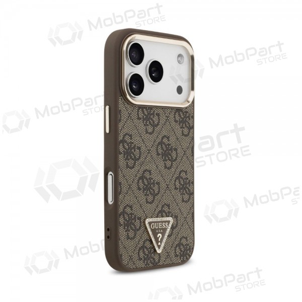Apple iPhone 18 Pro ümbris - Guess PU Leather 4G Strass Triangle Logo Gold Frame MagSafe (pruun)