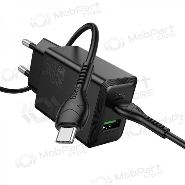 Telefoni laadija Hoco N71 30 W GaN USB-C + USB-A koos USB-C kaabliga 1 m must