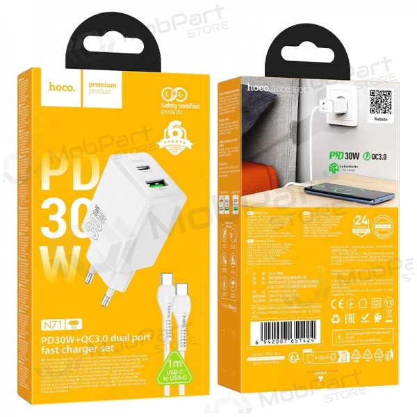 Telefoni laadija Hoco N71 30 W GaN USB-C + USB-A koos USB-C kaabliga 1 m valge