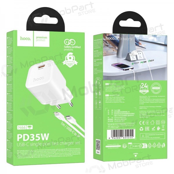 Telefonilaadija Hoco N66 35 W GaN USB-C + USB-A koos Lightning kaabliga 1 m valge