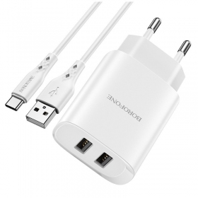 Laadija Borofone BN2 2xUSB 2.1A + USB Type-C (valged)