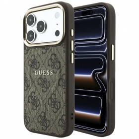 Apple iPhone 18 Pro Max ümbris - Guess PU Leather 4G Gold Frame Embossed MagSafe (pruun)