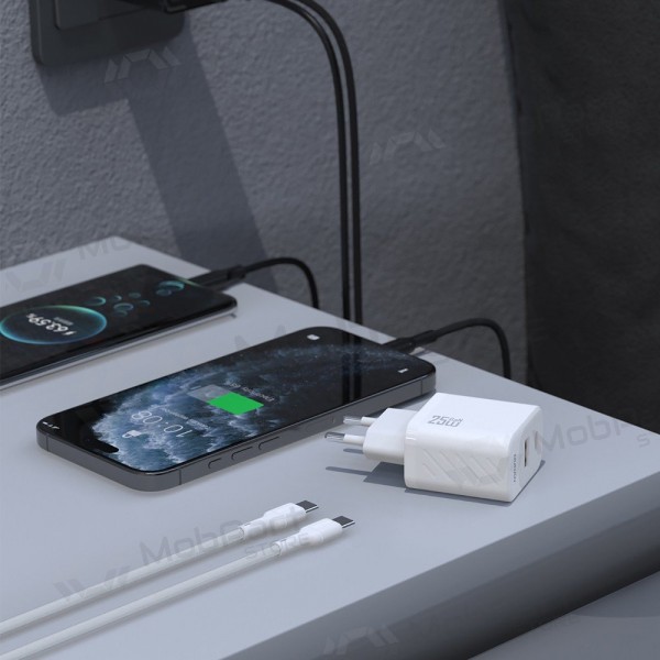 Telefoni laadija Dudao A26TC 25 W GaN USB-C + USB-A koos USB-C kaabliga 1 m valge