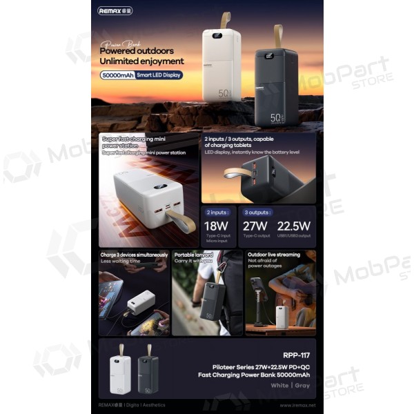 Väline patarei / aku Power Bank Remax RPP-117 22.5W 50000mAh must