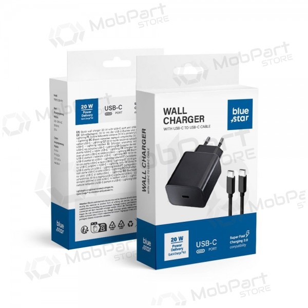 Telefonilaadija Blue Star 20 W USB-C koos USB-C kaabliga must