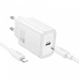 Laadija Hoco N60 20W GaN USB-C + USB-C to Lightning cable 1.0m valged